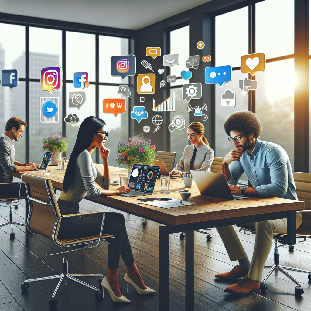 A diverse team manages social media in a sleek Kalamazoo office.