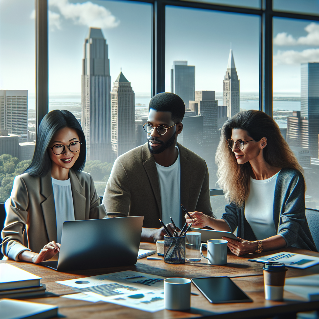 A diverse group of professionals in a digital marketing meeting in a modern office setting.