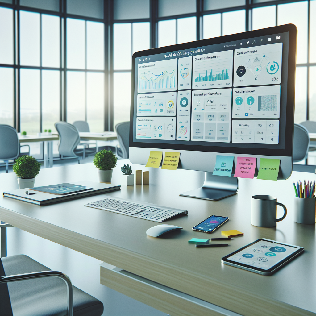 A modern office workspace showcasing social media management software on a computer screen.