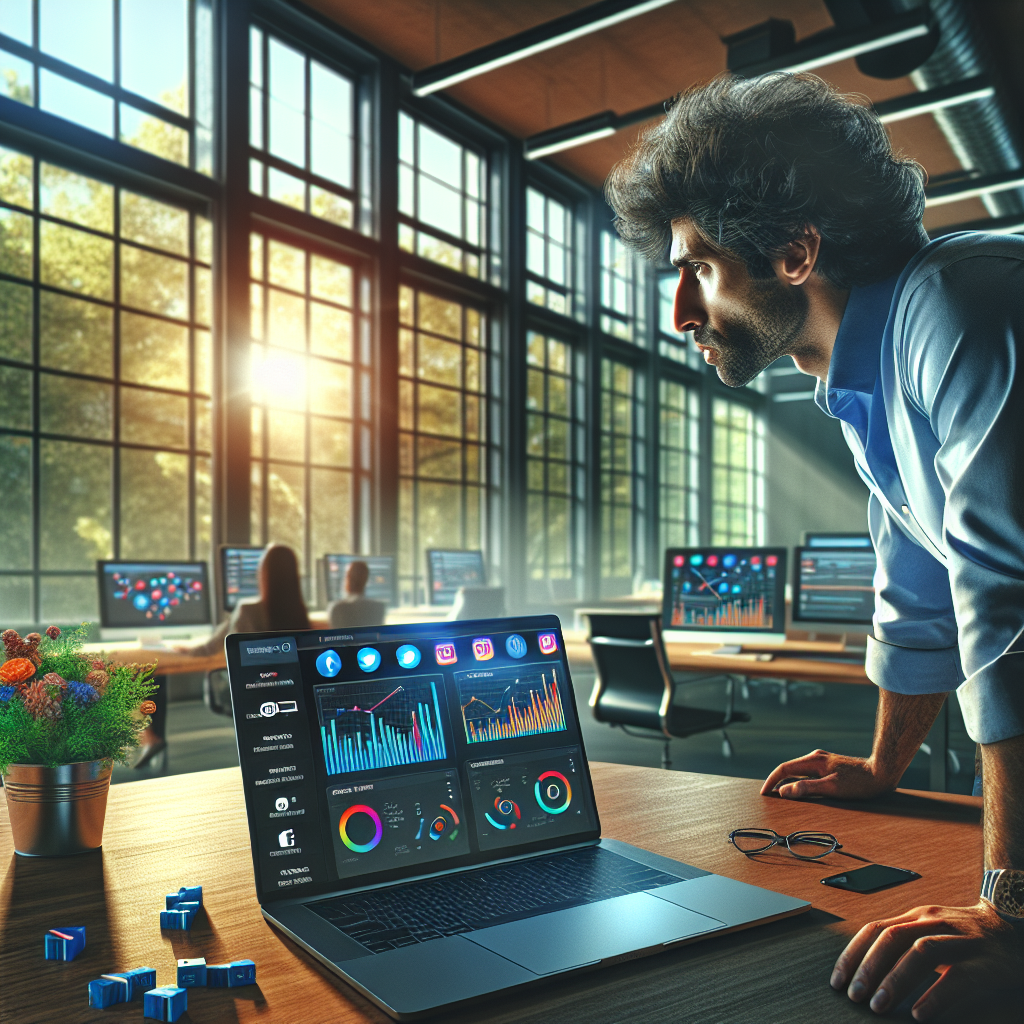 A modern office with a person using social media management software on a laptop.