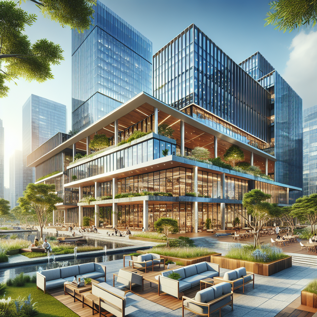A modern architectural office building designed by M+ Design Associates Pte. Ltd., surrounded by greenery and a vibrant city landscape.