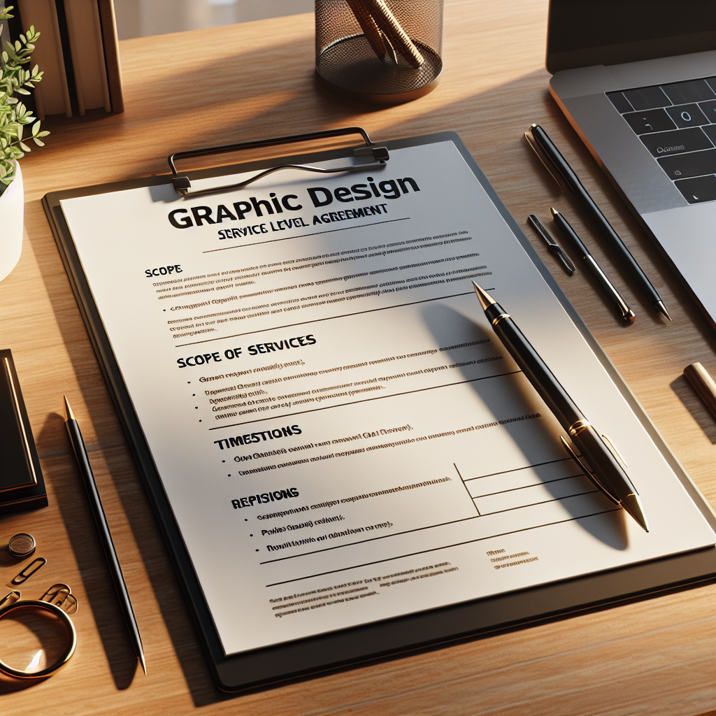 A realistic depiction of a graphic design service level agreement on a wooden desk.