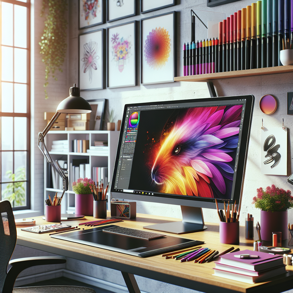 A graphic designer's workspace filled with design tools and vibrant artwork.
