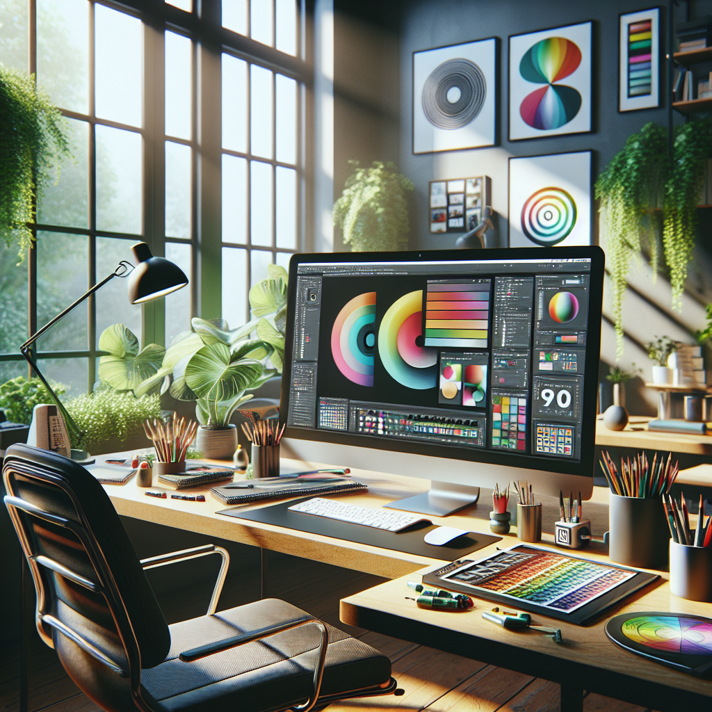 A graphic designer's workspace with a modern computer, design tools, and a bright atmosphere.