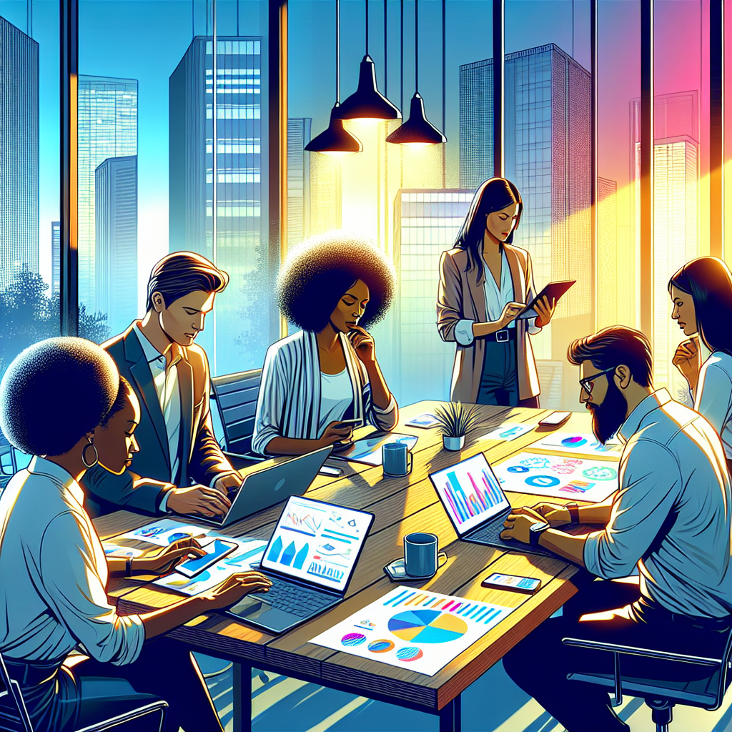 A group of diverse professionals collaborating in a modern office environment focused on social media management.