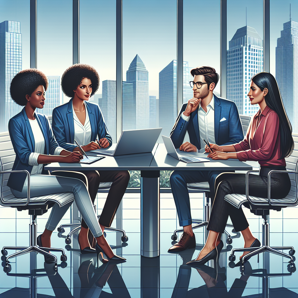 Three professionals engaged in a meeting about social media management in a modern office.