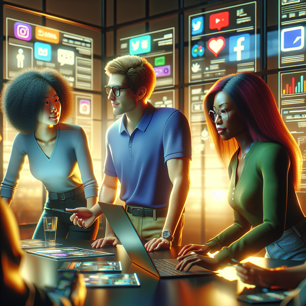 A diverse group of individuals discussing social media management strategies around a laptop.