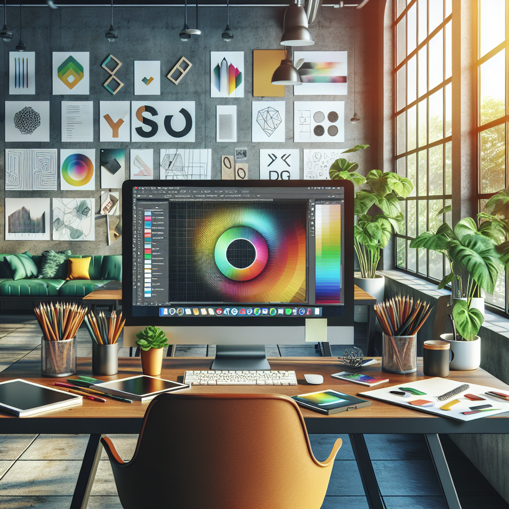 A graphic designer's workspace with a modern desk, design software, tools, and an inspiring atmosphere.