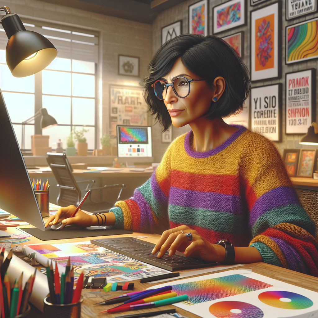A graphic designer working at a colorful and creative workspace.