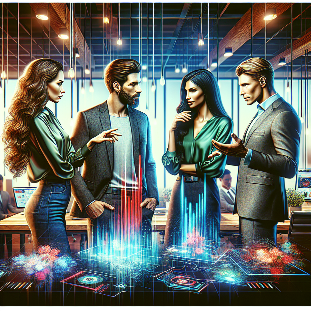 A diverse group of professionals discussing social media management data in a modern office.