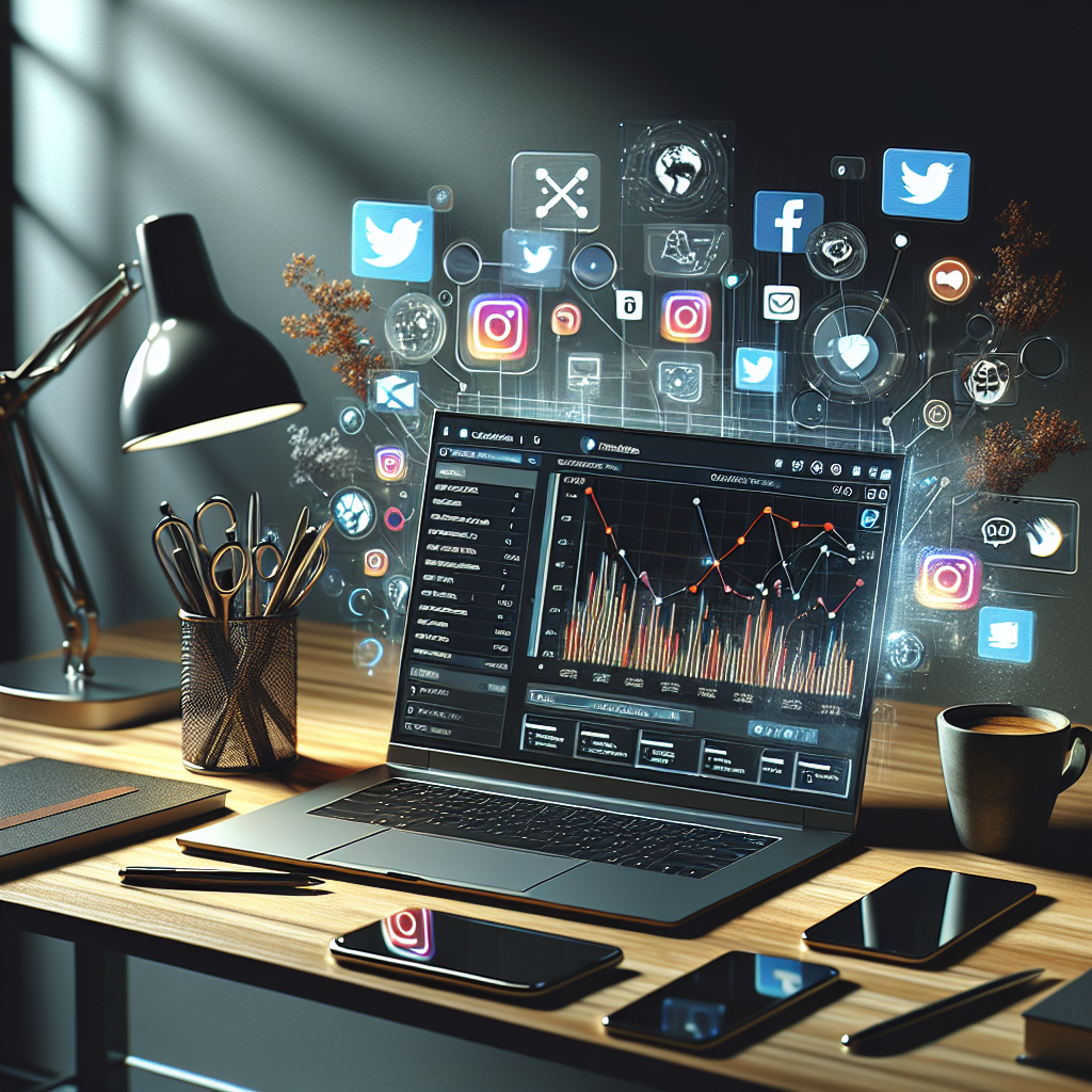 A digital workspace illustrating social media management with a laptop, smartphone, and coffee cup.