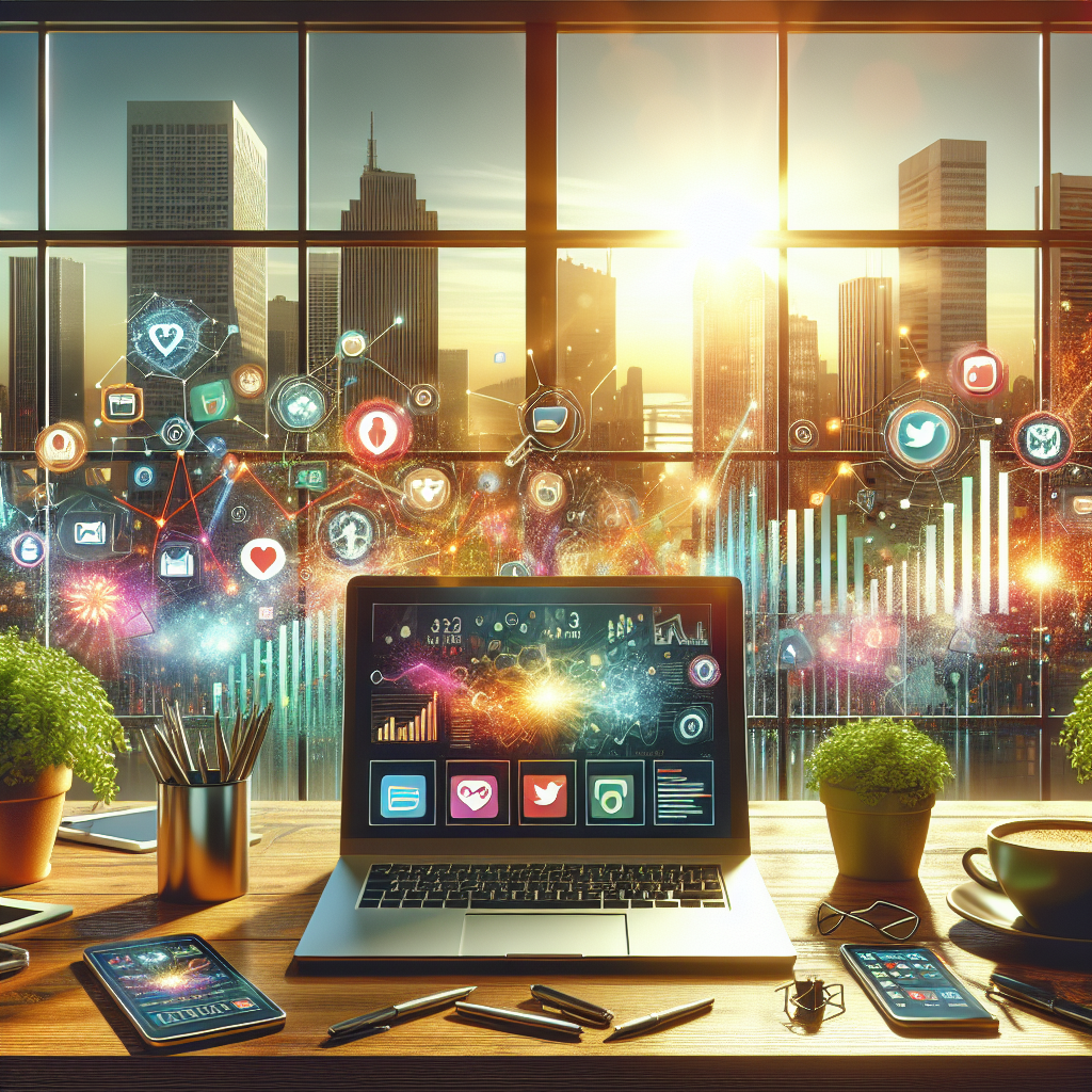 An office desk with a laptop and smartphone displaying social media analytics, surrounded by plants and a city view.