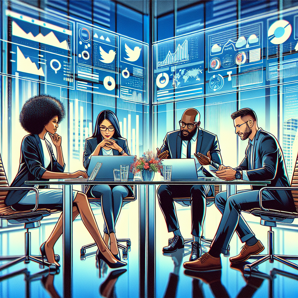 A group of diverse professionals in a meeting discussing social media management strategies.