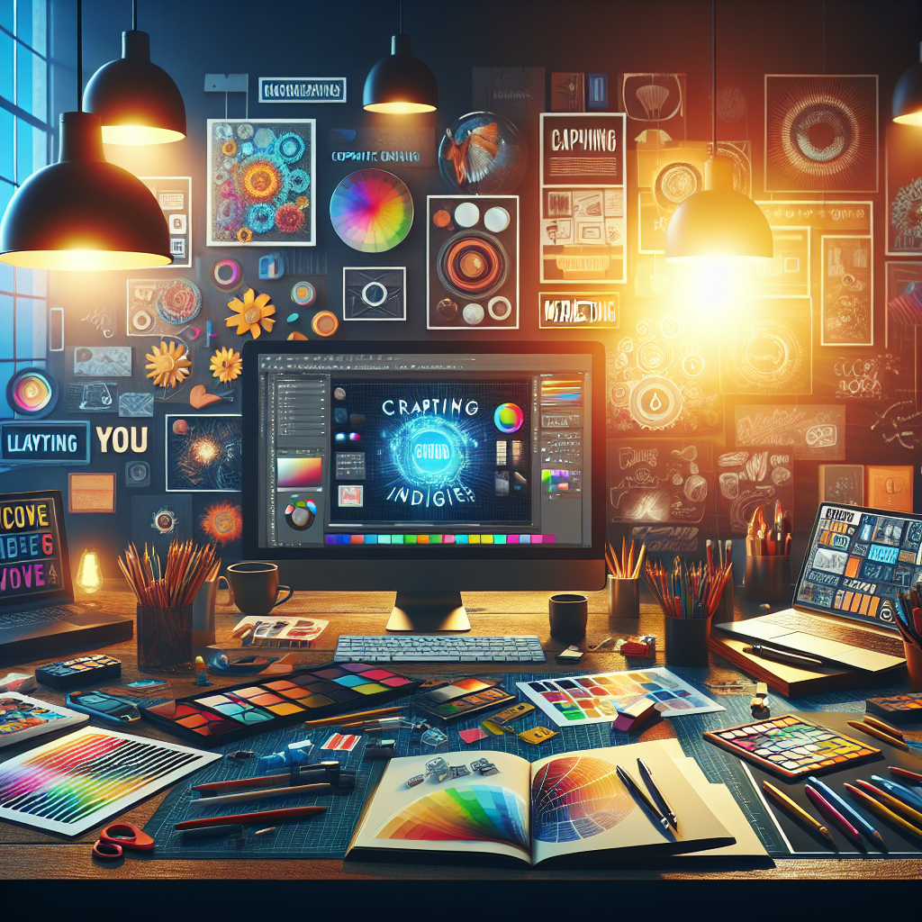A creative workspace showcasing various graphic design tools and elements.