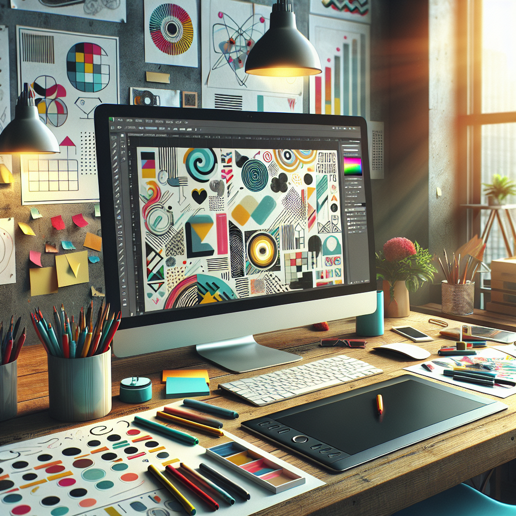 A modern workspace with a computer and design tools, illustrating graphic design services.