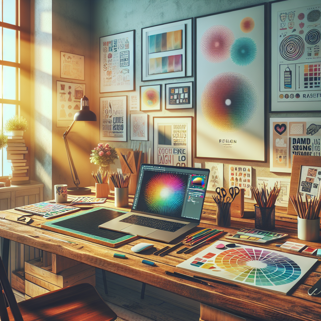 A creative workspace showcasing tools used for graphic design services.
