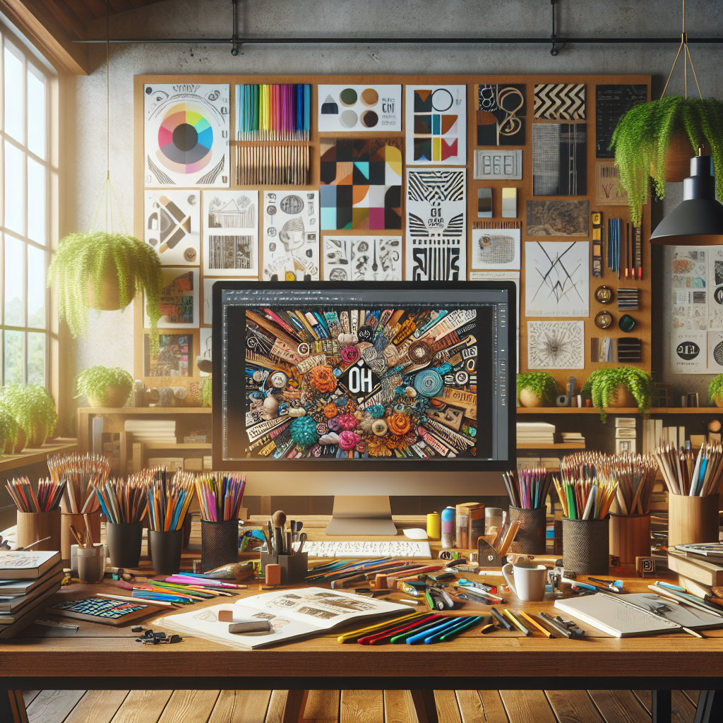 A creative workspace showcasing graphic design tools and a computer with a colorful design project.