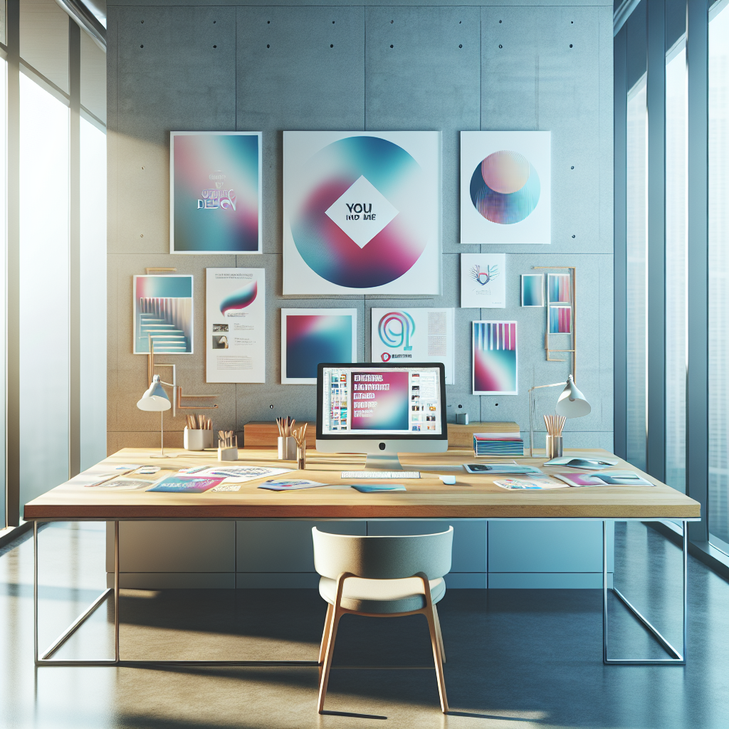 A modern office with a desk, laptop, and graphic design materials.