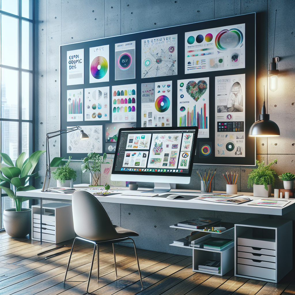 A modern creative workspace with graphic design and digital marketing elements.