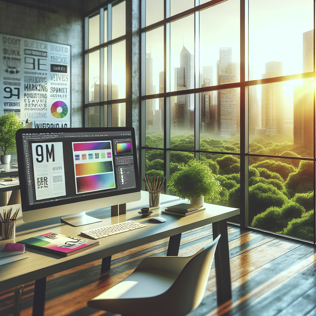 A modern office workspace with graphic design materials and a computer.