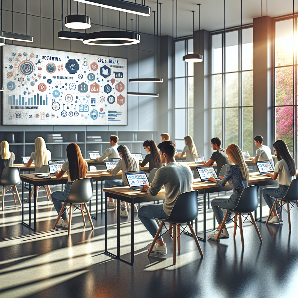 A modern UNISA classroom with students learning social media management.