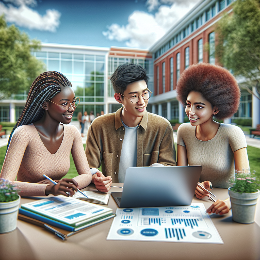 A diverse group of students collaborating on social media management at a university campus.