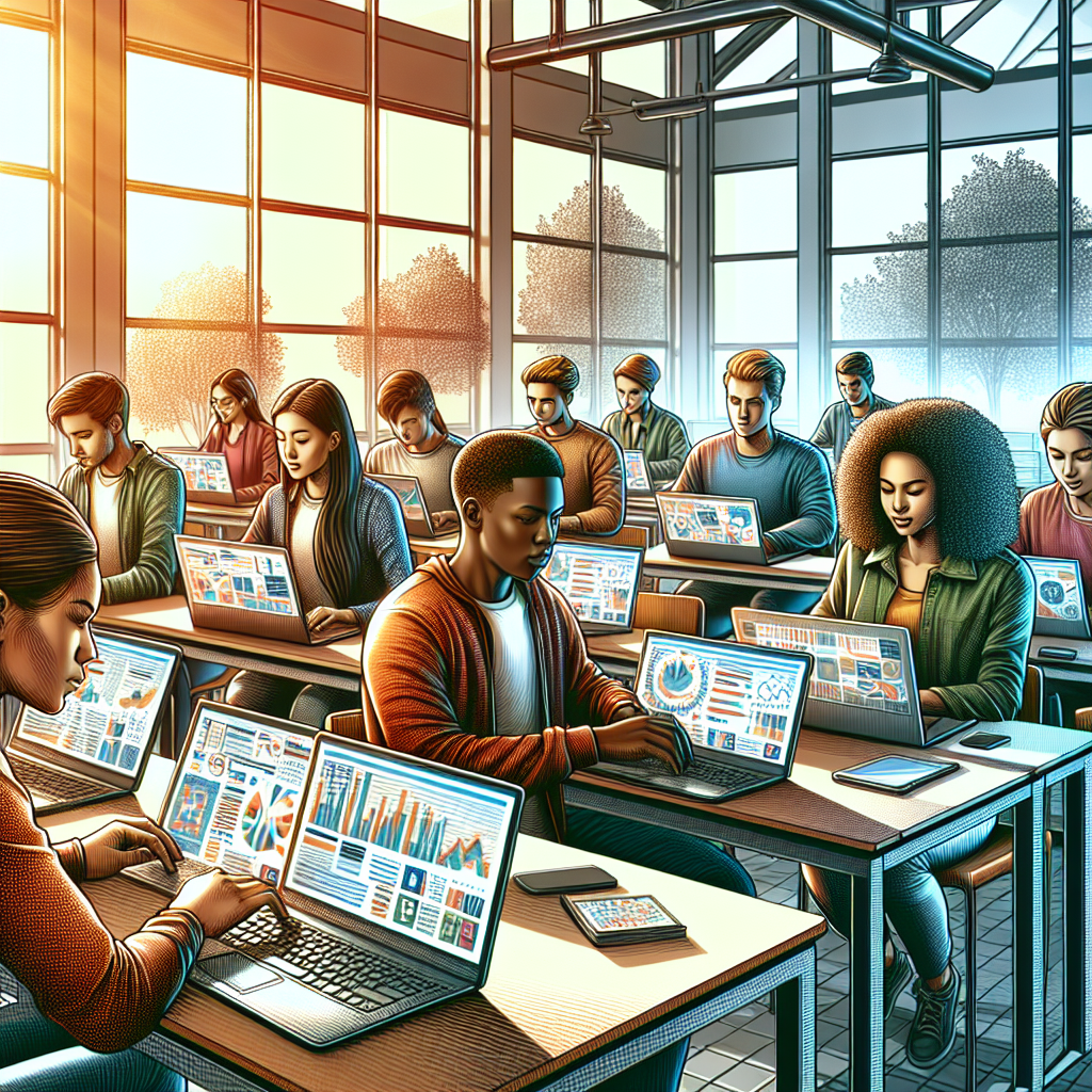 A diverse group of university students in a classroom engaged in social media management activities.