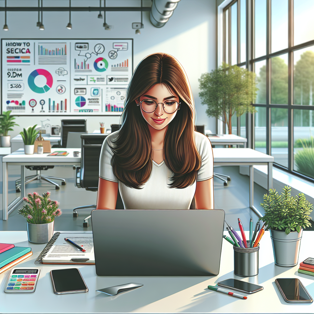 A social media manager in a modern office setting, focused on her laptop.