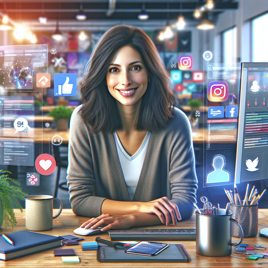 A social media manager at her desk in a modern office, engaged with multiple devices and a creative environment.