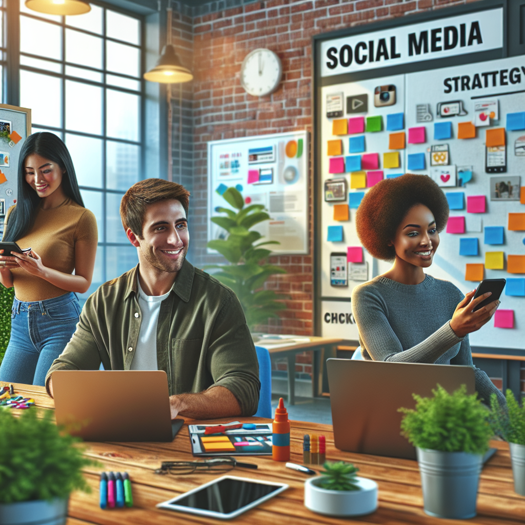A diverse group of social media managers collaborating in a modern office setting.