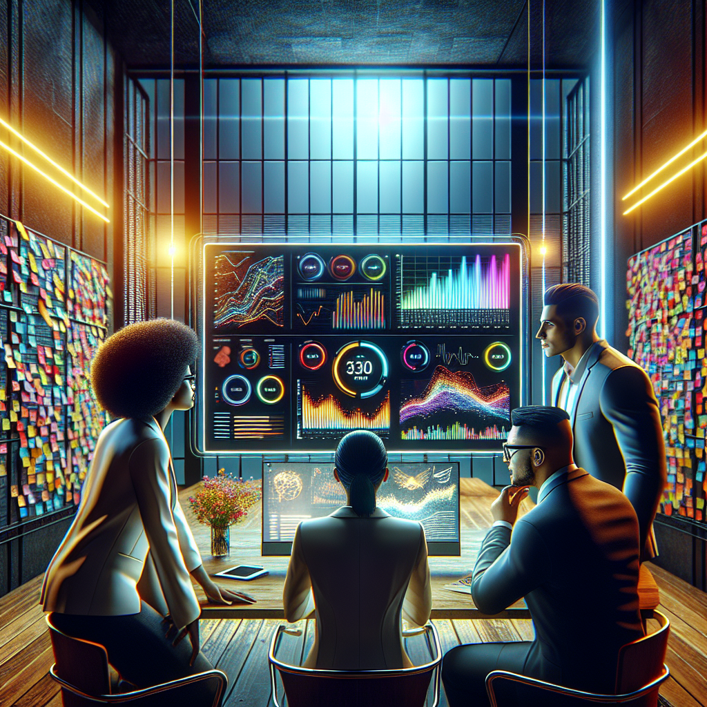 A diverse group of professionals discussing social media management in a vibrant office environment.
