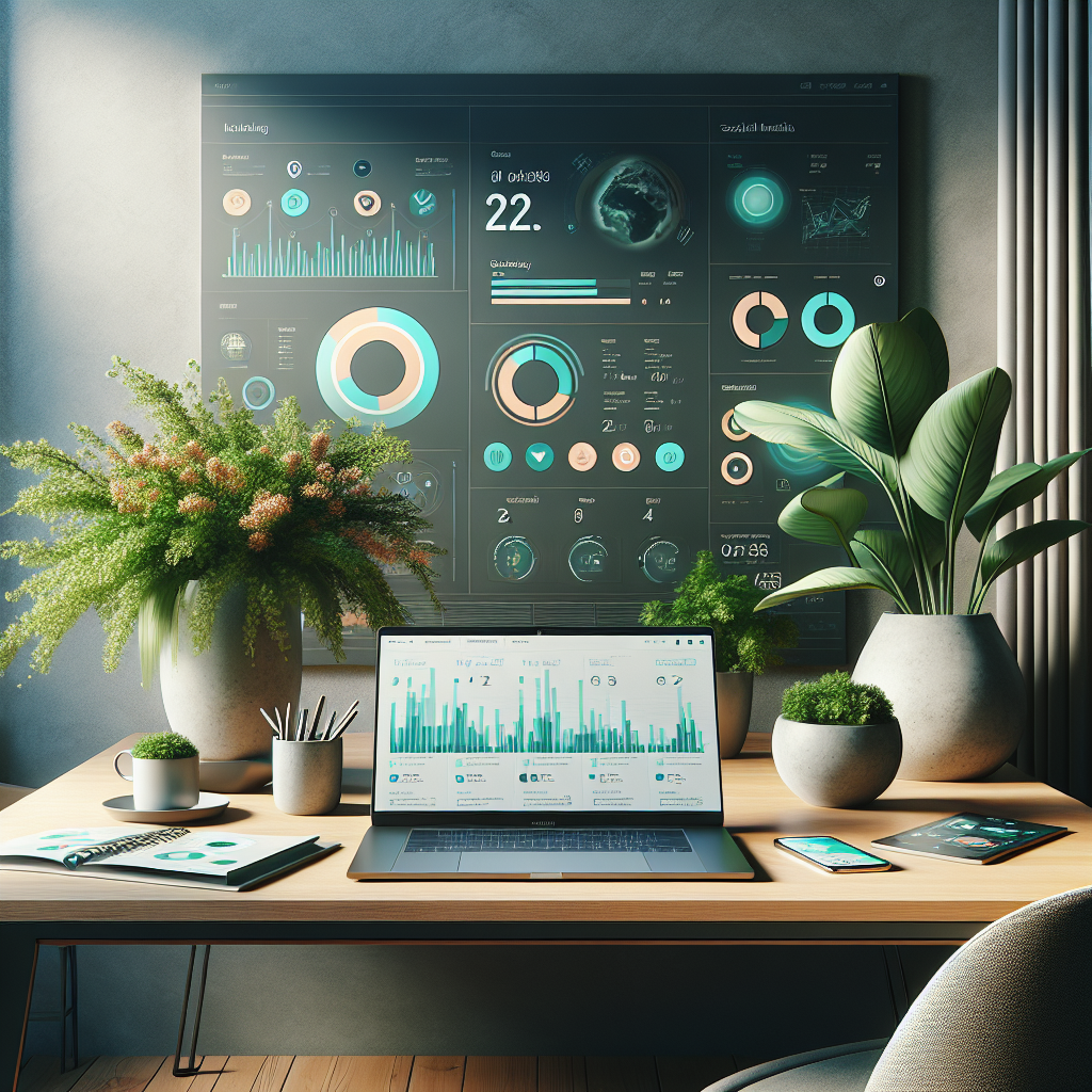 A digital workspace for social media management with a laptop, smartphone, and a potted plant.
