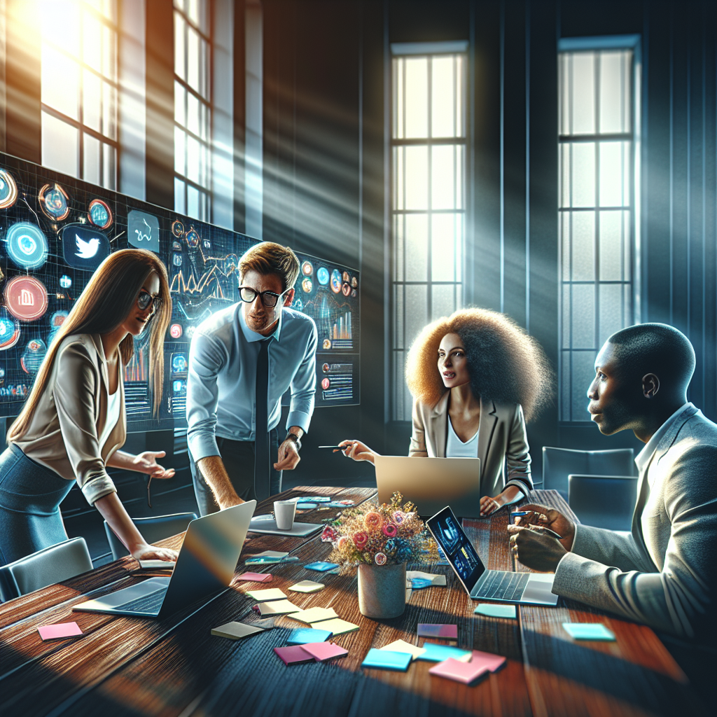 A group of professionals collaborating in a modern office focused on social media management.
