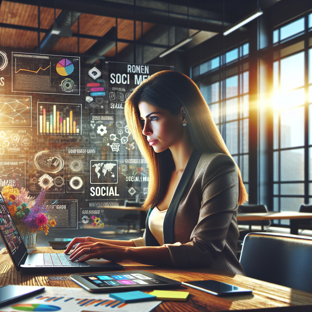 A social media manager analyzing metrics in a modern office.