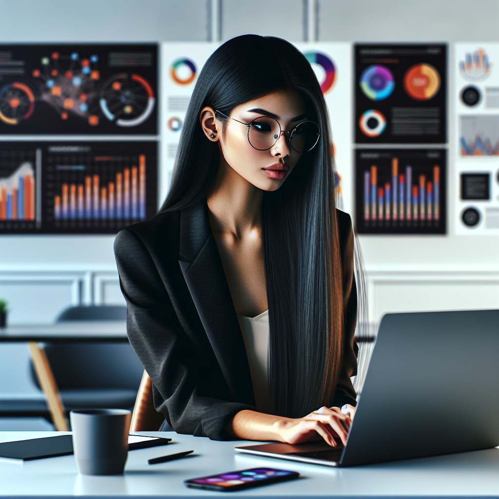 A social media manager working in a modern office, focusing on her laptop surrounded by social media graphics.