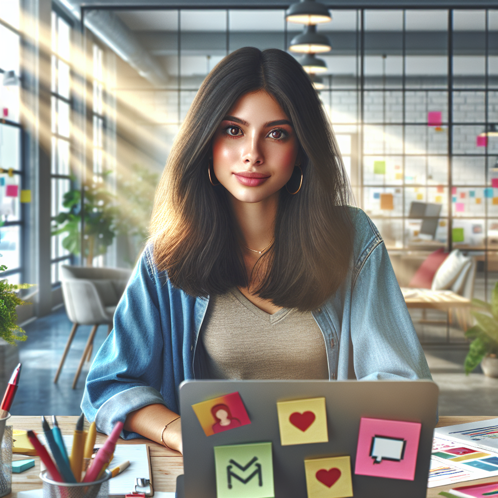 A social media manager working in a colorful office with a laptop.