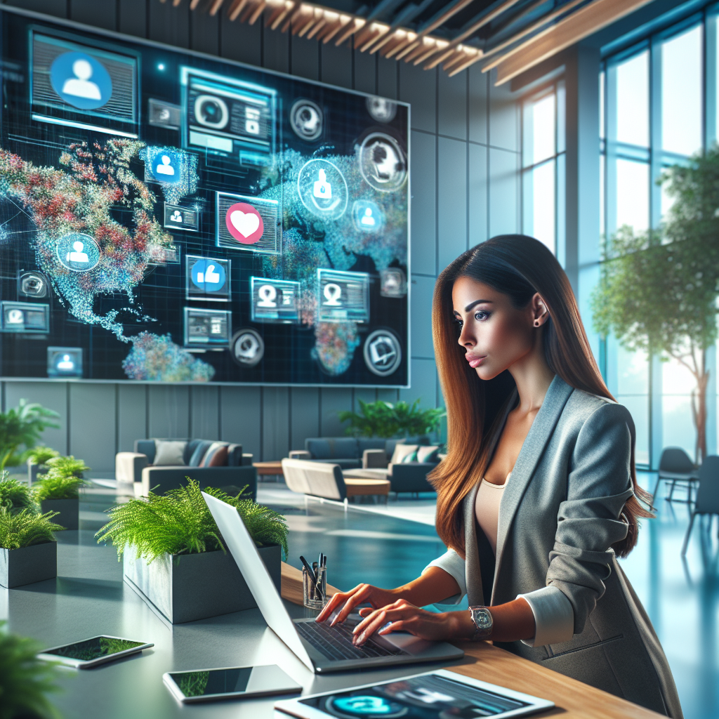 A social media manager working in a modern office, analyzing metrics on a laptop.