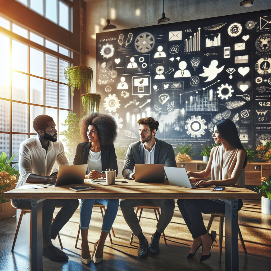 Professionals collaborating on social media management in a modern office.