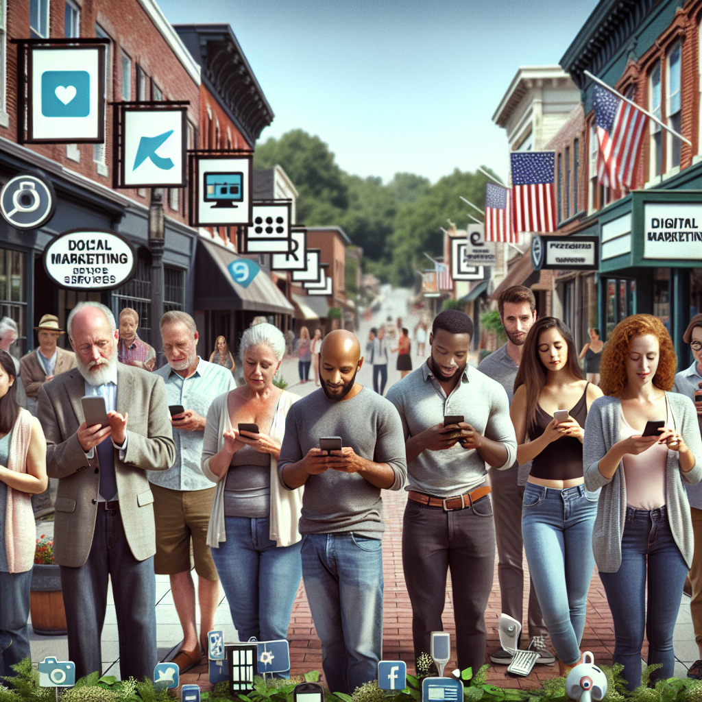 A vibrant street scene in Lynchburg, VA, showcasing people engaged with social media on their devices.