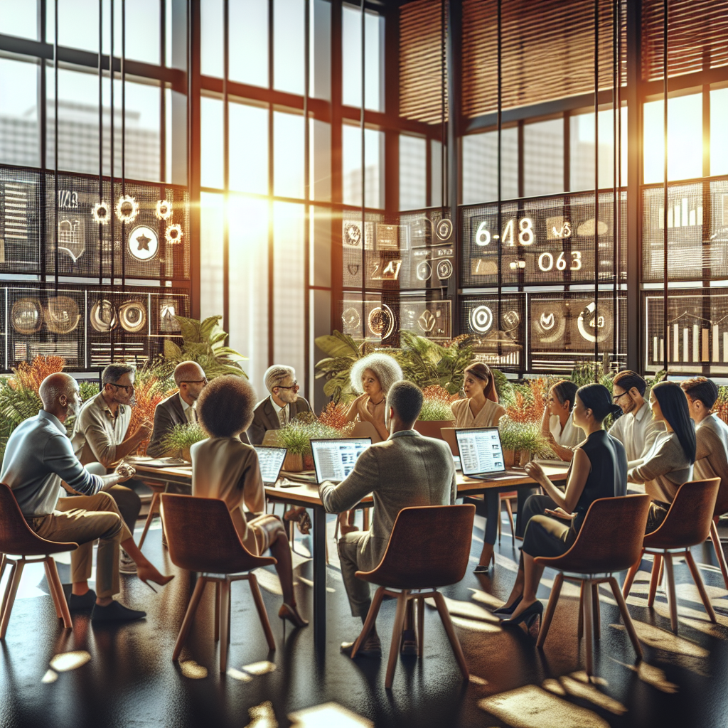 A diverse group of people collaborating in a modern office space, engaged in social media management.