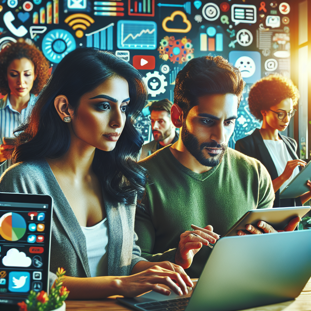 A diverse group of professionals managing social media in a vibrant workspace.