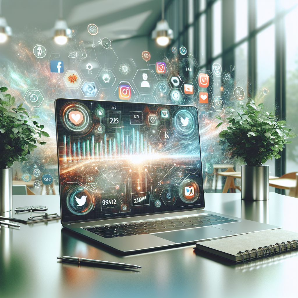 A modern workspace with a laptop displaying social media analytics, surrounded by colorful social media icons.