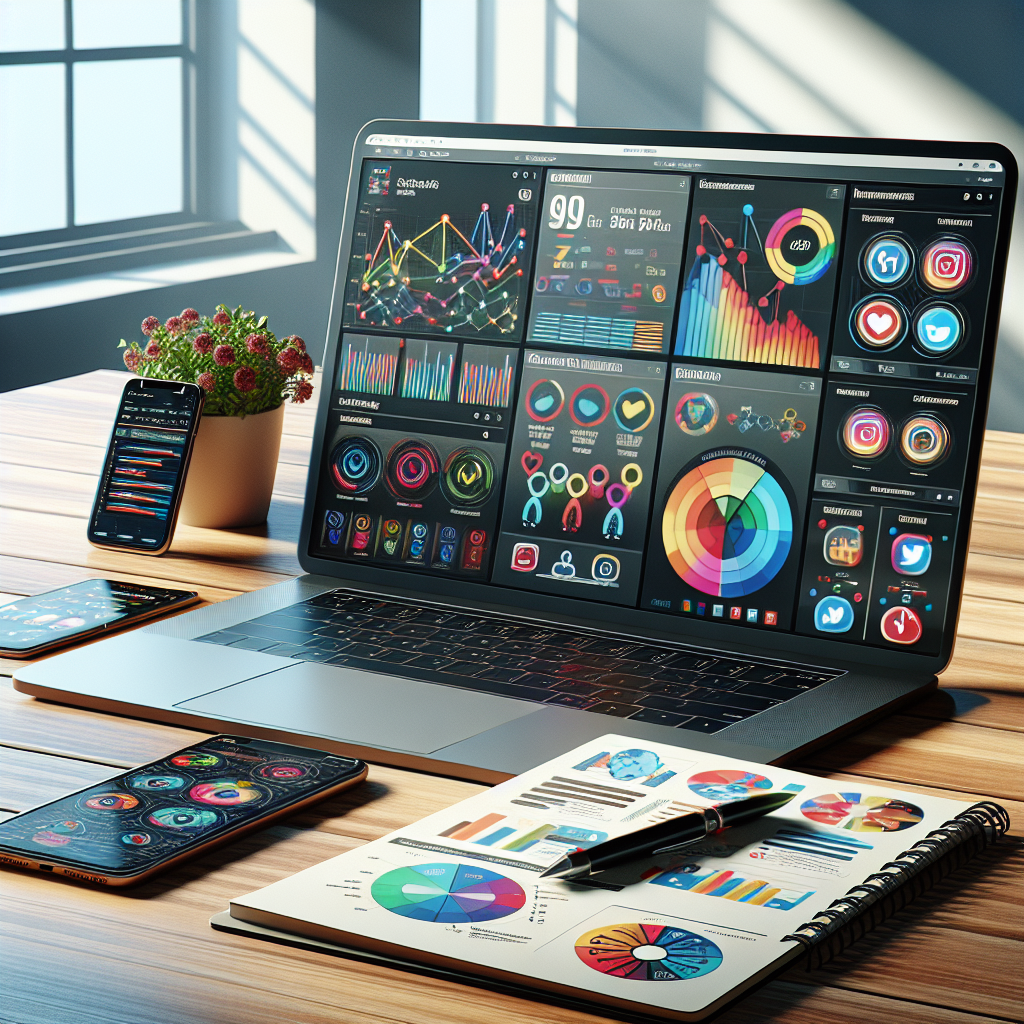 An array of social media management tools on a modern wooden desk.