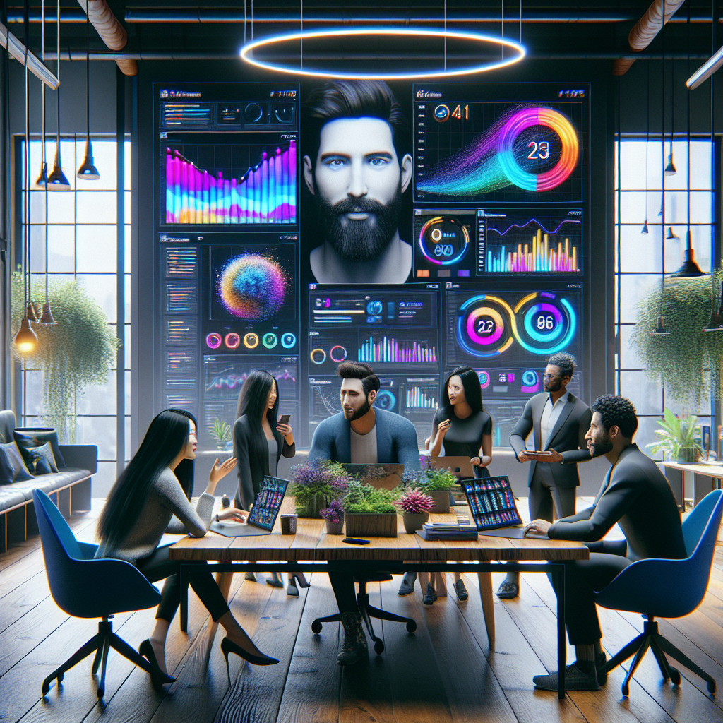 A diverse team discussing social media management in a bright modern workspace.