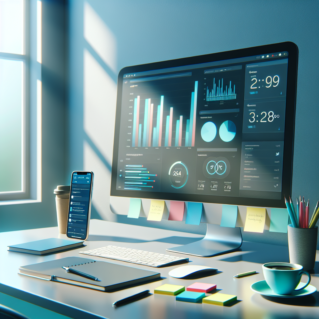 A modern workspace featuring a laptop, sticky notes, coffee mug, and smartphone, focused on social media management.