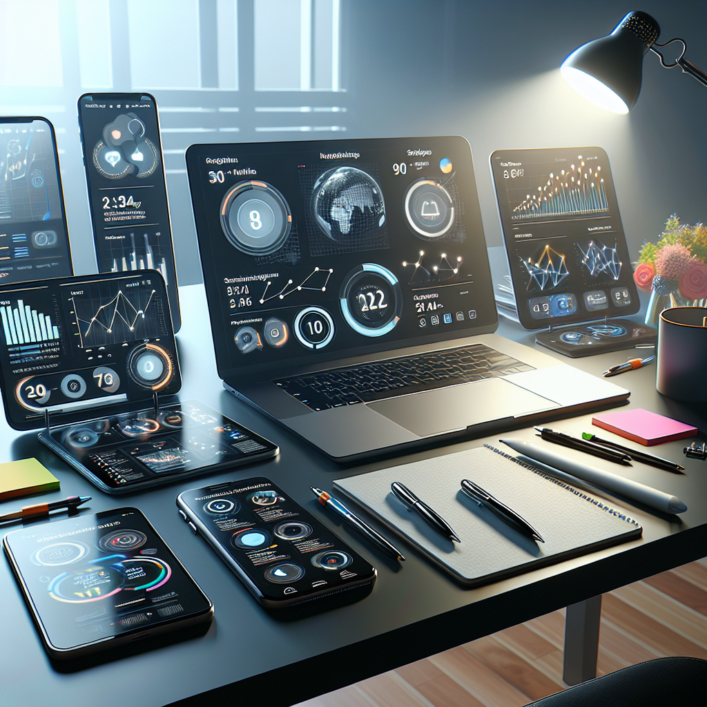 A modern desk with various social media management tools and analytics dashboards.