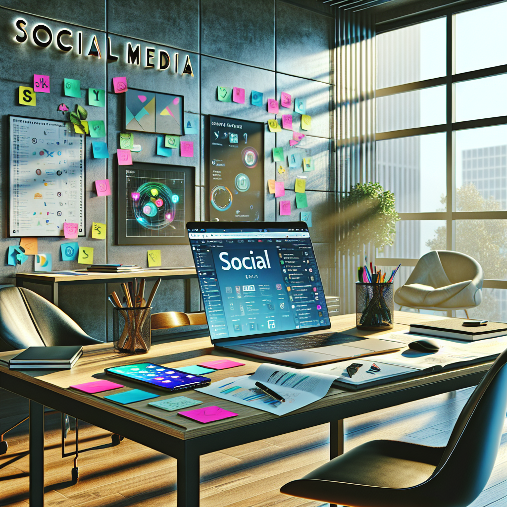 A modern office workspace for social media management featuring a desk with a laptop and smartphone.