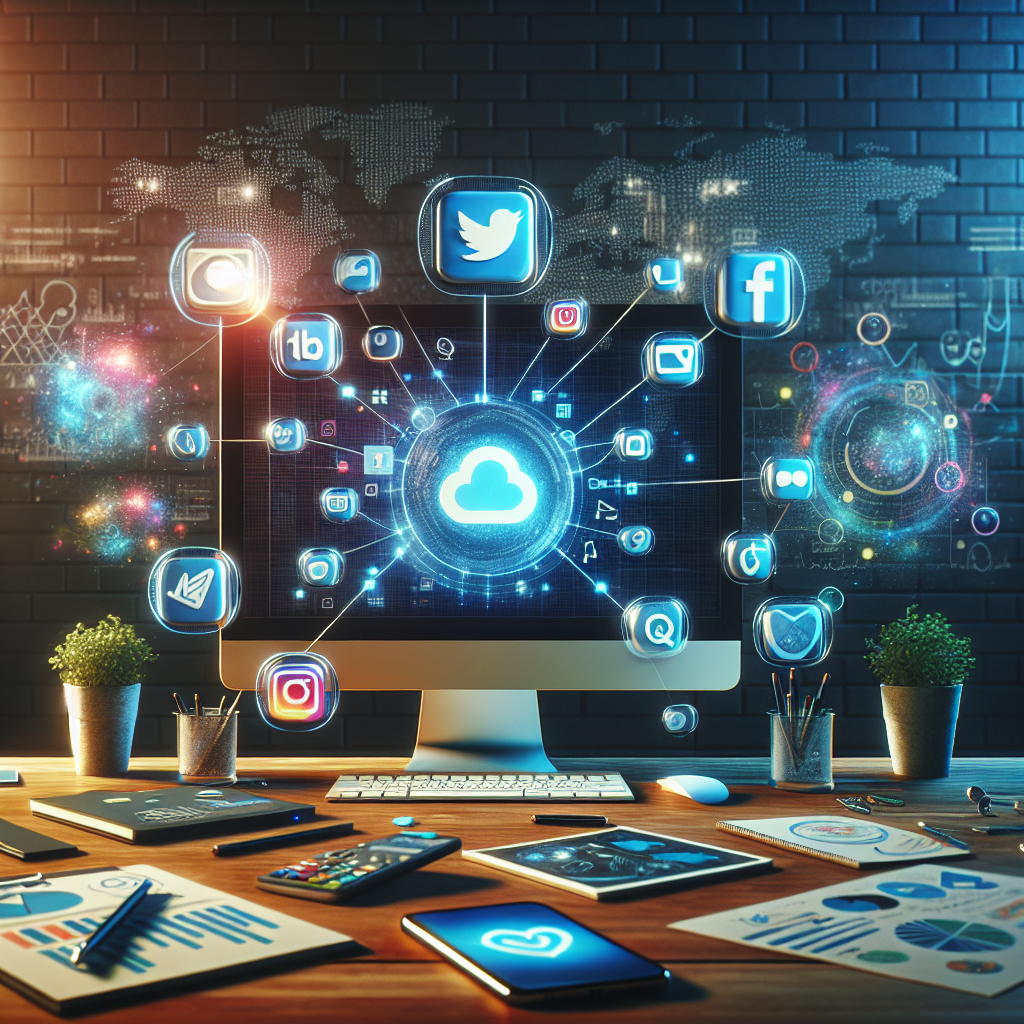 A digital workspace illustrating social media management benefits with a computer and smartphone.