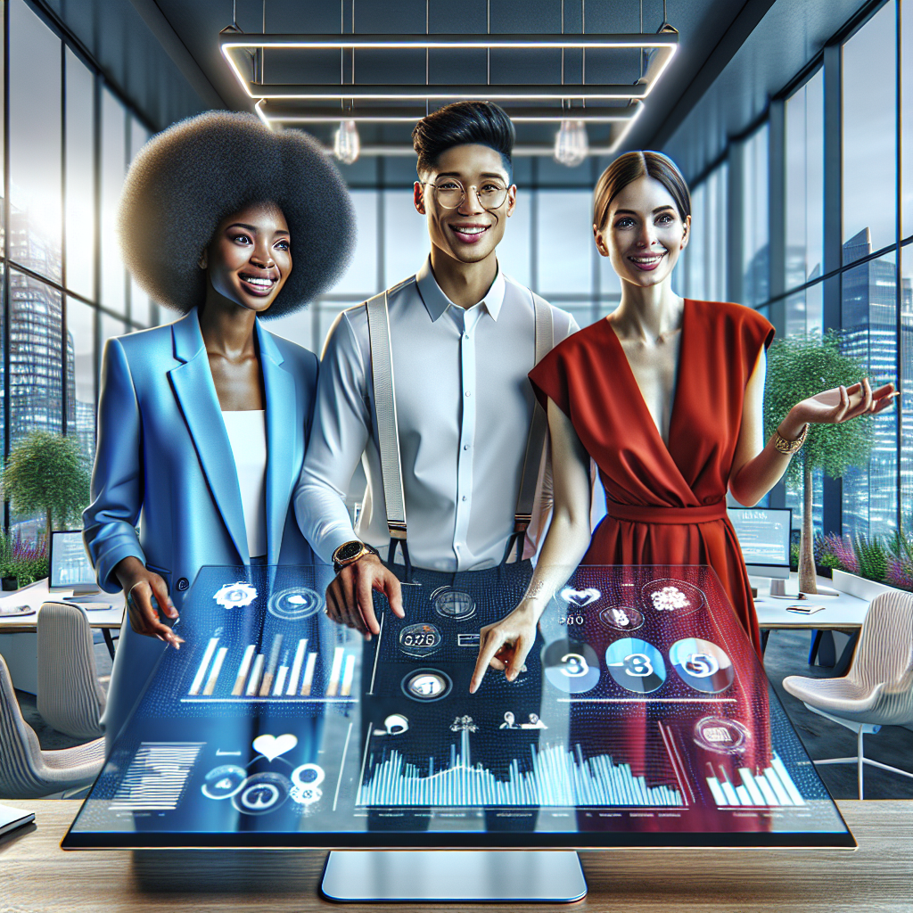 A diverse group of business professionals discussing social media management benefits in a modern office.