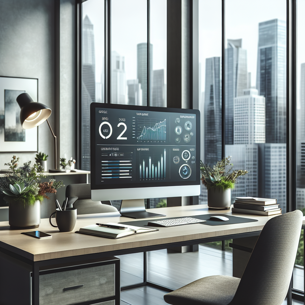 A modern office workspace for social media management with a computer and city view.